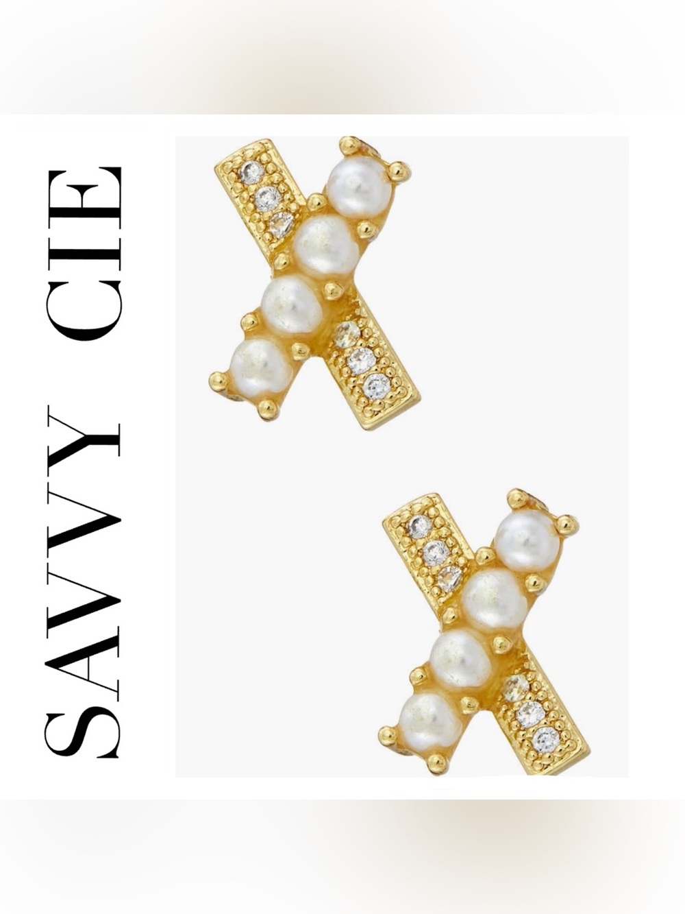 🌟🌟 Savvy Cie 18K Gold Plated Pearl & CZ “X” Stud Earrings